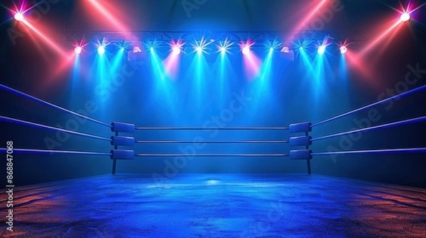 Fototapeta A dynamic image showcasing a professional wrestling ring under vibrant lights, with an energetic atmosphere that highlights the excitement and drama of the wrestling scene.