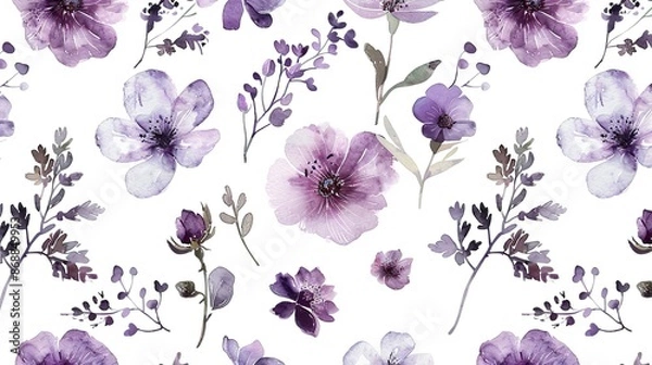 Fototapeta Pattern with different flowers watercolor on white background. beautiful floral pattern with watercolor flowers. watercolor flowers. seamless pattern. purple flowers