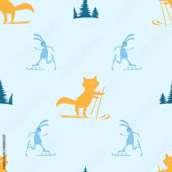Fototapeta seamless pattern with fox and hare skiing