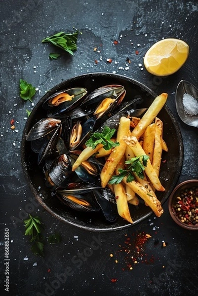 Obraz Moules Frites steamed mussels served in a savory broth with a side of crispy fries