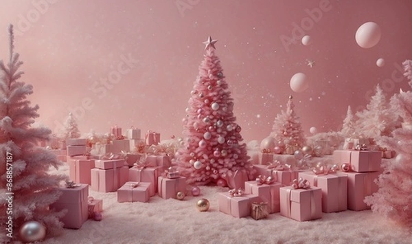 Obraz Pink Christmas trees with presents in snowy wonderland