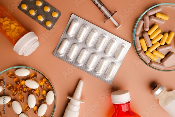 Fototapeta pharmaceutical in various dosage forms on a beige. the diversity of medication forms and the for healthcare and medicine products.