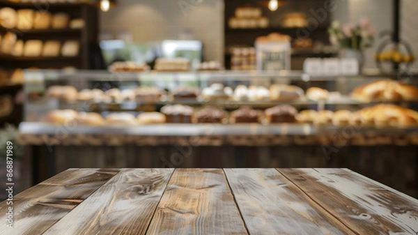 Obraz Empty wooden table with blurred bakery display background