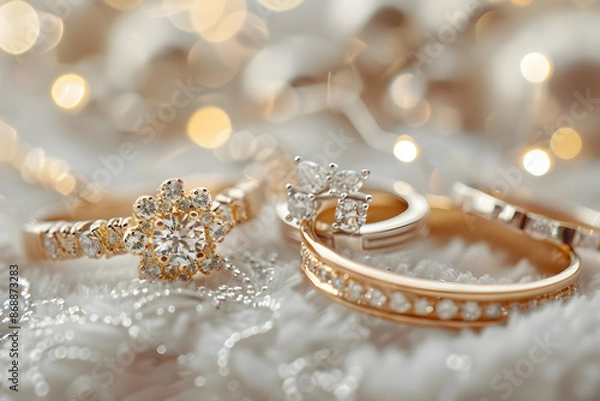 Fototapeta Elegant close-up of sparkling diamond rings on a lace background, bathed in soft, warm light creating a luxurious and romantic ambiance.