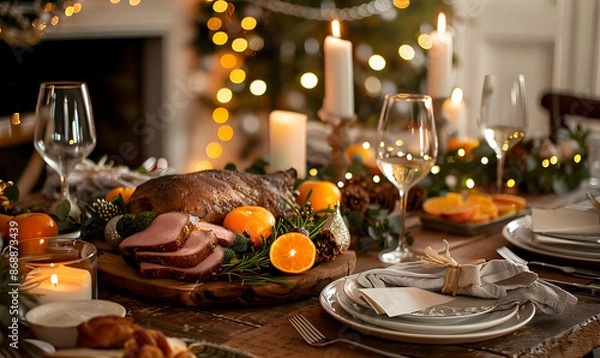 Fototapeta Festive holiday dinner table setting with roasted ham, oranges, candles, and elegant decor, creating a warm and inviting atmosphere.