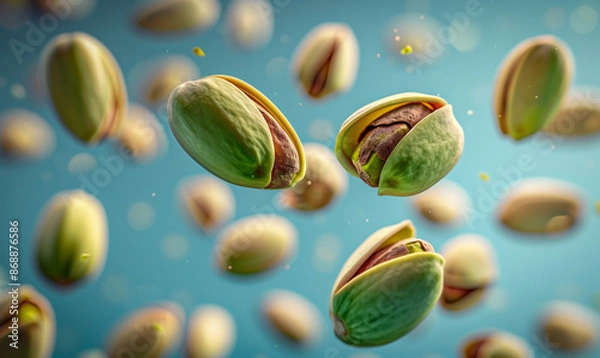 Fototapeta Realistic pistachio nuts explosion splash or falling for advertising poster background. Macro closeup whole pistachio nuts falling explode motion for snack package or banner
