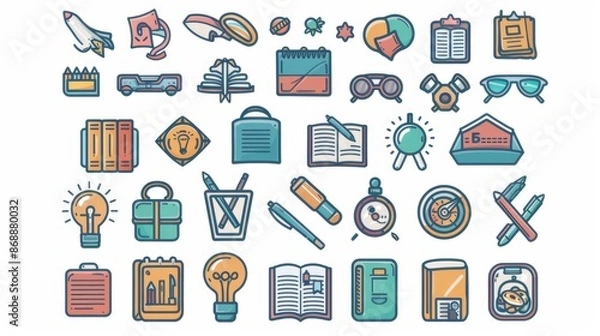 Fototapeta A collection of assorted school-related icons rendered in a colorful, hand-drawn style, including objects like pencils, books, light bulbs, and glasses, symbolizing knowledge.