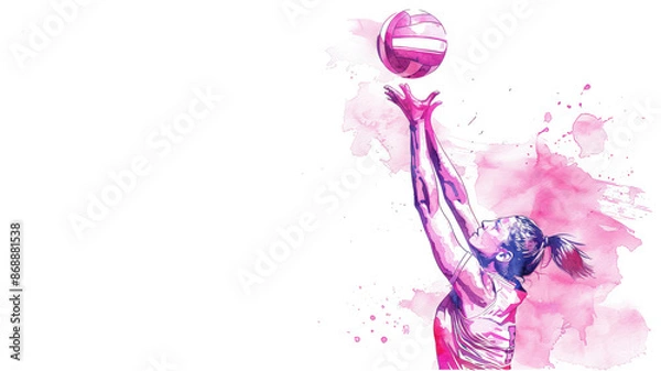 Fototapeta Pink watercolor painting of volleyball athlete player action at game
