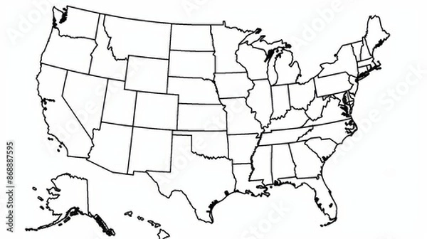 Obraz A simple, black and white outline map of the United States of America without labels, showcasing the borders and shapes of each state, perfect for educational use.