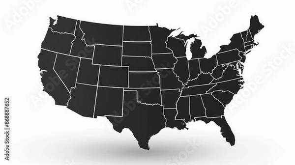 Obraz This image presents a black silhouette of the United States map with neatly outlined state borders, emphasizing geographical boundaries and the nation's unity.