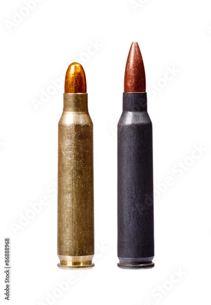 Obraz Two rifle bullets isolated on white background.