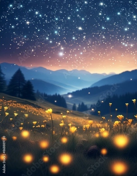 Fototapeta A calm night in a meadow illuminated by fireflies. The background is smoothly blurred with a bokeh effect, accentuating the gentle curves of the landscape.