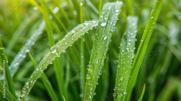 Fototapeta The grass is wet and shiny, with droplets of water on its leaves