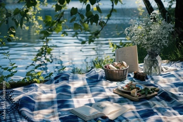 Fototapeta Relaxing Picnic by the Riverside with a Book, Flowers, and Delicious Food on a Sunny Day