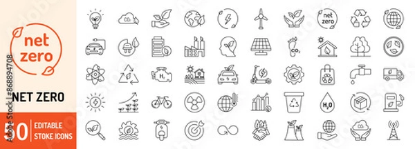 Fototapeta Net Zero editable stroke outline web icons set. Net zero, green, energy, ecology, carbon footprint, CO2, solar energy, wind power and nature. Vector illustration