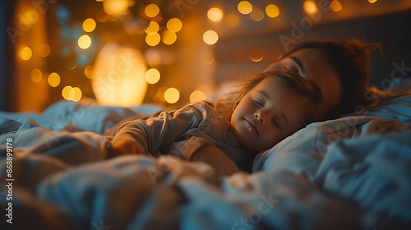 Fototapeta parent and child sleeping on bed