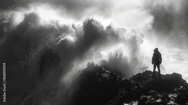 Fototapeta silhouette of a person standing on a mountain with cloud