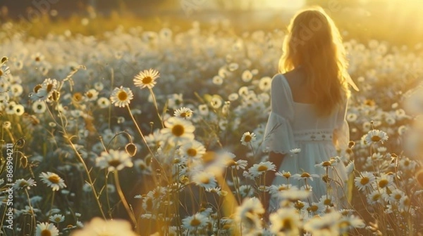 Fototapeta Woman in a field with flowers. Beautiful girl in a field with daisies. 