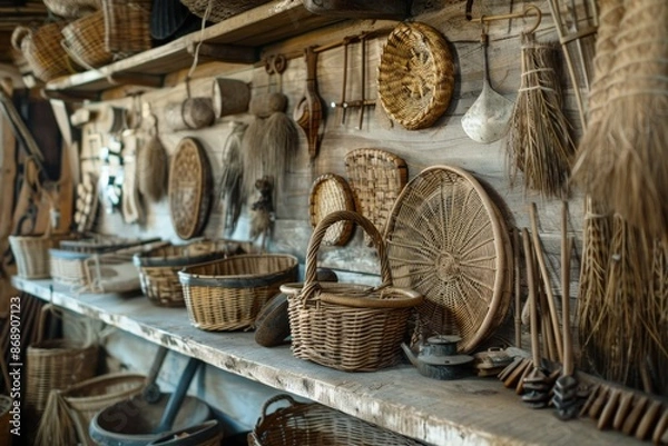 Fototapeta Rustic Wooden Shelf Filled With Woven Baskets and Rustic Objects