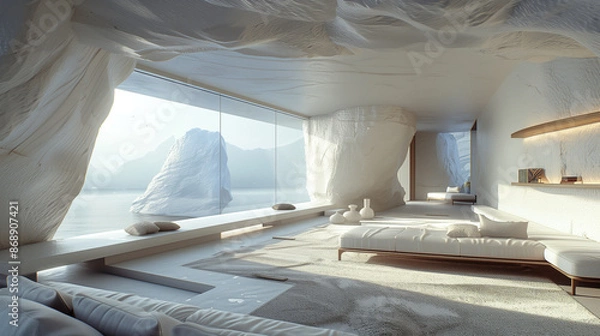 Fototapeta Sunlight streams through a large window in a luxurious empty bedroom with modern wooden furniture