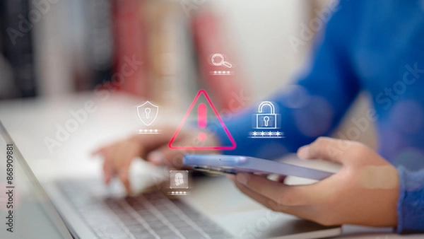 Obraz Scam alert, software warning fraud, cyber security. Hacker detection cyber attack on computer network, virus, spyware, malware, malicious software and cybercrime, online website. Protect information