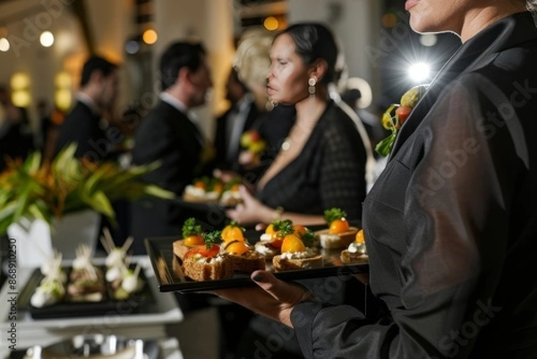 Fototapeta  Professional Photography of Caterer Serving Appetizers, waitstaff presenting trays of hors d'oeuvres at a reception, Generative AI