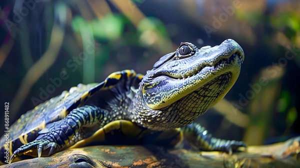 Fototapeta Mysterious Amphibious Predator Lurking in Swampy Tropical Habitat   A close up view of a powerful alligator like reptile resting on a submerged log showcasing its formidable jaws scaly skin
