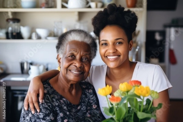 Fototapeta Portrait of a smiling senior woman with caregiver in nursing home