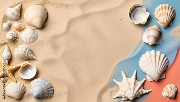 Fototapeta Copy space Summer Vacation Concept - Sandy Beaches, Waves, Seashells, and Palm Trees Frame Border