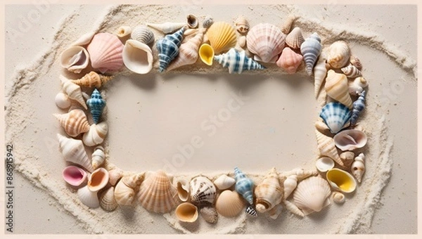 Fototapeta Copy space Summer Vacation Concept - Sandy Beaches, Waves, Seashells, and Palm Trees Frame Border