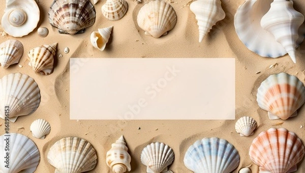 Fototapeta Copy space Summer Vacation Concept - Sandy Beaches, Waves, Seashells, and Palm Trees Frame Border