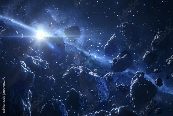 Fototapeta Asteroid field in deep space with bright star. Concept of astronomy, space exploration, cosmic events, and science fiction.