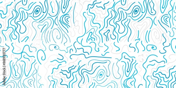 Fototapeta Blue and white line doodle seamless pattern. Trendy design with basic shape. simple child drawings