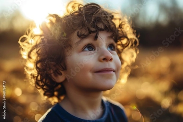 Fototapeta Portrait of a little boy on a wheat field at sunset.