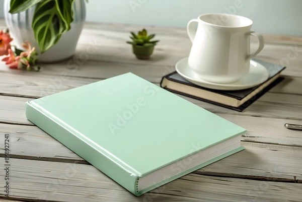 Obraz Minimalist wooden desk showcases a blank mint green book cover in an office setting.