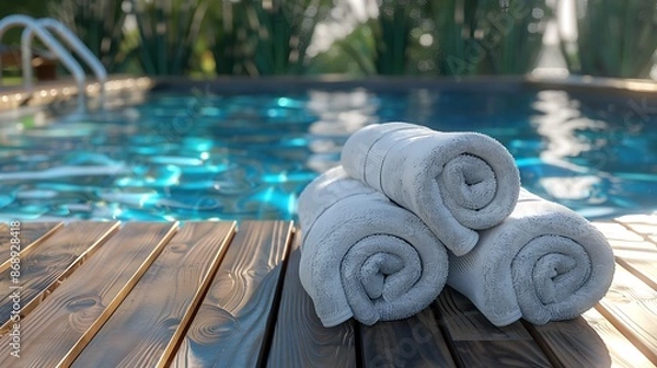 Fototapeta Rolled towels beside a swimming pool on a evening day very detailed and realistic shape