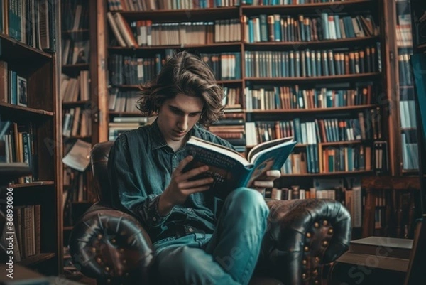 Fototapeta Young man lost in a book, surrounded by towering bookshelves in a tranquil library setting.

