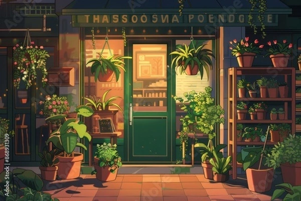 Fototapeta Quaint flower shop with potted plants and hanging baskets, cozy vibe, Generative AI 