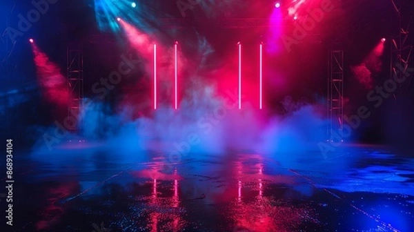 Fototapeta Empty show scene background. Reflection of a dark street on wet asphalt. Rays of red and blue neon light in the dark, neon shapes, smoke. Abstract dark background. Generative Ai