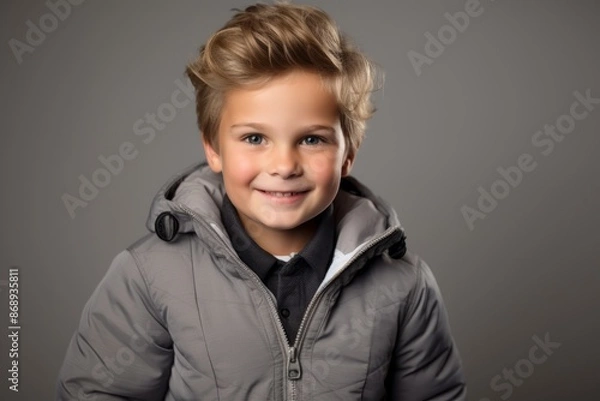Fototapeta Portrait of a smiling little boy in a warm jacket. Studio shot.