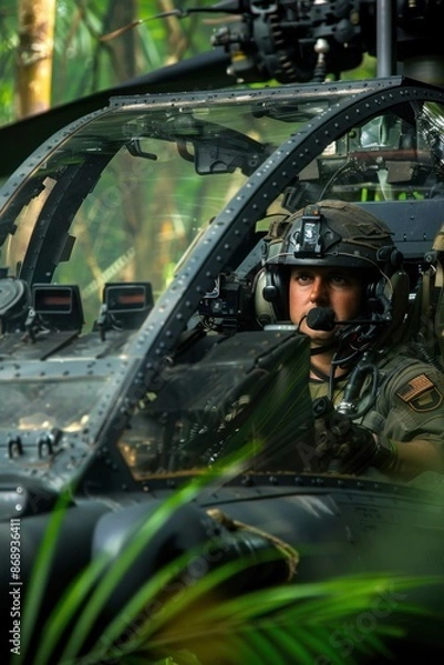 Fototapeta A close-up of an Attack Helicopters AH-64 Apaches cockpit amidst a jungle operation The pilots face is tense with concentration