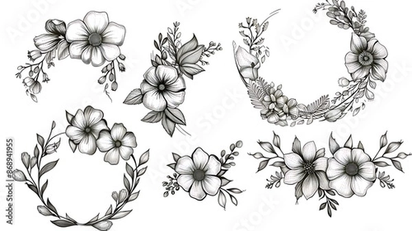 Fototapeta Set of Hand drawn wreath with wild flowers and leaves line art illustration isolated on white background. Circle floral frame in black ink sketch style. wedding invitation design. Generative Ai