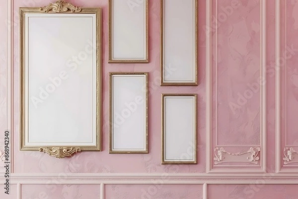 Fototapeta Romantic setting in a gallery with ornamental blank frames against a blush pink wall.