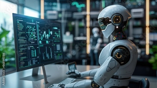 Fototapeta A high-tech robot working at a desk, analyzing data on multiple screens in a modern office setting, showcasing advanced AI and technology.