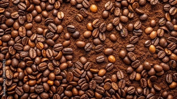 Fototapeta Scattered, warm-toned coffee grounds form a rustic, textured pattern on a clean, transparent background, evoking a sense of morning serenity.