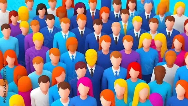 Fototapeta Large group of faceless people in colorful clothes. Diverse crowd of cartoon people illustration for business, team, or community.