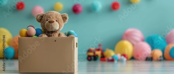 Fototapeta Donation box with toys on floor, child's room, colorful background