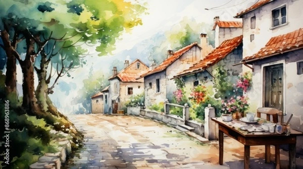 Fototapeta Serene Spring Scenes in a Charming Village: Cobblestone Streets and Watercolor Beauty