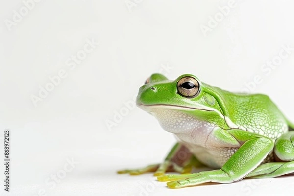 Fototapeta the beside view Australian Green Tree Frog, left side view, white copy space on right, isolated on white background