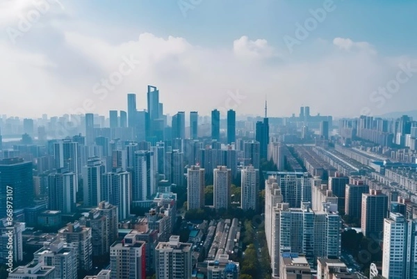 Fototapeta Aerial View of a Modern Cityscape with Skyscrapers and Buildings